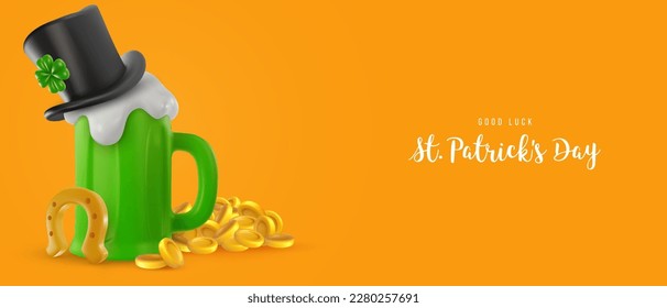 St Patrick's day festive banner. Gold horseshoe, green beer, hat, clover, money on vivid color. 3d cartoon illustration in realistic minimal style. Bright modern vector graphic composition.