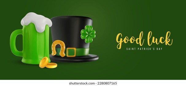 St Patrick's Day Fest Banner. Gold Hufeisen, grünes Bier, Hut, Klee, Geld auf lebendige Farbe. 3D-Cartoon-Illustration im realistischen Minimalstil. Helle moderne Vektorgrafik-Komposition.