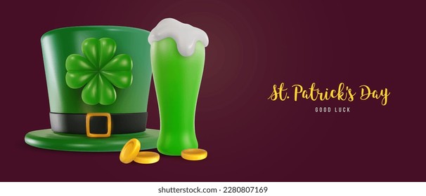 St Patrick's day festive banner. Gold horseshoe, green beer, hat, clover, money on vivid color. 3d cartoon illustration in realistic minimal style. Bright modern vector graphic composition.