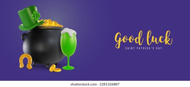 St Patrick's day festive banner. Horseshoe, green beer, hat, clover, pot with gold coins. 3d cartoon vivid illustration in realistic minimal style. Bright modern vector graphic concept art.