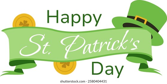 St Patricks Day festive banner illustration featuring a green ribbon, leprechaun hat, and lucky gold coins. Celebration design with Irish symbols, perfect for greeting cards and digital graphics.