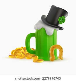 St Patrick's day festive composition. Gold horseshoe, green beer, hat, clover, money on white color. 3d cartoon vivid illustration in realistic minimal style. Bright modern vector graphic concept art.