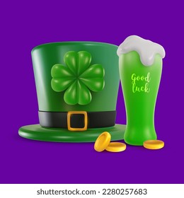 St Patrick's day festive composition. Gold horseshoe, green beer, leprechaun hat, clover, money. 3d cartoon vivid illustration in realistic minimal style. Bright modern vector graphic concept art.