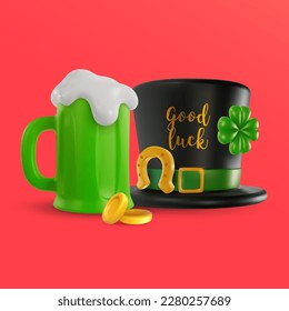 St Patrick's day festive composition. Gold horseshoe, green beer, leprechaun hat, clover, money. 3d cartoon vivid illustration in realistic minimal style. Bright modern vector graphic concept art.