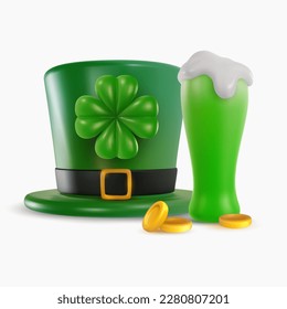 St Patrick's day festive composition. Gold horseshoe, green beer, hat, clover, money on white color. 3d cartoon vivid illustration in realistic minimal style. Bright modern vector graphic concept art.