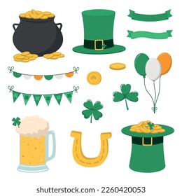 St. Patrick's day festive elements set. Isolated on white background. Cartoon style design element for parties, sales, and decorations.