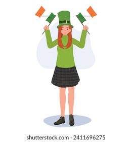 St. Patrick's Day Festive. Joyful Woman with Irish Flag