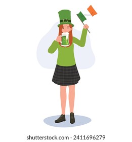 St. Patrick's Day Festive. Joyful Woman with Irish Flag