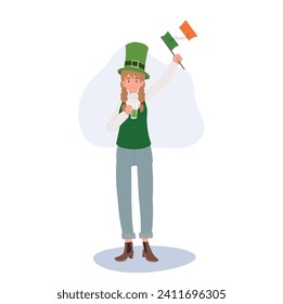 St. Patrick's Day Festive. Joyful Woman with Irish Flag