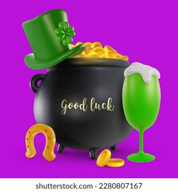 St Patrick's day festive modern composition. Horseshoe, green beer, hat, clover, pot with gold coins. 3d cartoon vivid illustration in realistic minimal style. Bright vector graphic concept art.