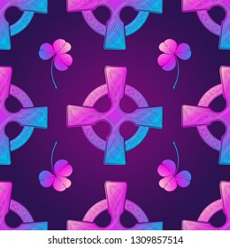 St. Patrick's day festive seamless pattern with traditional celtic cross and clover leaves. Trendy colors. PEPS10 vector illustration.