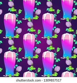 St. Patrick's day festive seamless pattern with shiny pints of beer and clover leaves. Trendy colors. PEPS10 vector illustration.