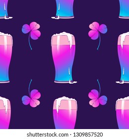 St. Patrick's day festive seamless pattern with shiny pints of beer and clover leaves. Trendy colors. PEPS10 vector illustration.