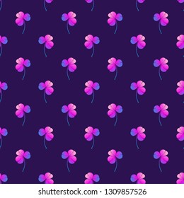 St. Patrick's day festive seamless pattern with evenly spread clover leaves on white background. Trendy colors. EPS10 vector illustration.