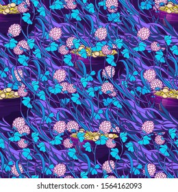 St. Patrick's day festive seamless pattern. Unusual psychodelic turquoise purple gamma. Leprechaun's pot with golden coins hidden among white clover flowers. PEPS10 vector illustration.