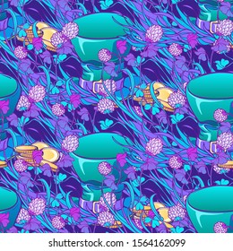 St. Patrick's day festive seamless pattern. Unusual psychodelic turquoise purple gamma. Leprechaun's top hat with golden coins hidden among white clover flowers. PEPS10 vector illustration.