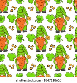 St Patrick's Day festive seamless pattern with leprechaun gnome and shamrock