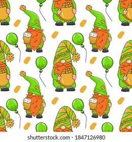 St Patrick's Day festive seamless pattern with leprechaun gnome and shamrock