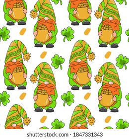 St Patrick's Day festive seamless pattern with leprechaun gnome in green dress, golden coins and shamrock leaves on white background.