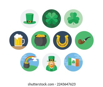 St. Patrick's day flat circle badge icon set with luck and beer related icons