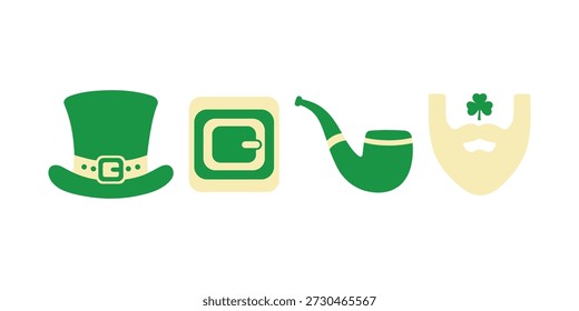 Conjunto de iconos planos del día de San Patricio con sombrero de duende verde, billetera, pipa de fumar y barba con trébol para el diseño irlandés de la celebración