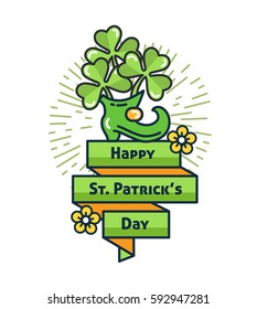 St. Patrick's Day flat line greeting card template. Shamrock, beer, lerprechaun, hat, rainbow, sunburst. Modern minimal outline vector design elements. For poster, flyer, web, banner, brochure