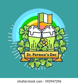 St. Patrick's Day flat line greeting card template. Shamrock, beer, lerprechaun, hat, rainbow, sunburst. Modern minimal outline vector design elements. For poster, flyer, web, banner, brochure