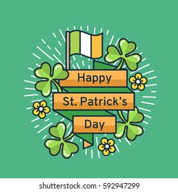 St. Patrick's Day flat line greeting card template. Shamrock, beer, lerprechaun, hat, rainbow, sunburst. Modern minimal outline vector design elements. For poster, flyer, web, banner, brochure