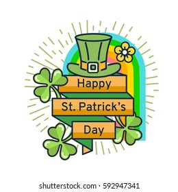 St. Patrick's Day flat line greeting card template. Shamrock, beer, lerprechaun, hat, rainbow, sunburst. Modern minimal outline vector design elements. For poster, flyer, web, banner, brochure