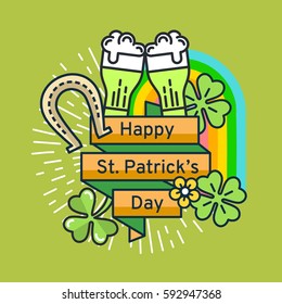 St. Patrick's Day flat line greeting card template. Shamrock, beer, lerprechaun, hat, rainbow, sunburst. Modern minimal outline vector design elements. For poster, flyer, web, banner, brochure