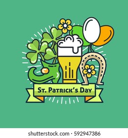 St. Patrick's Day flat line greeting card template. Shamrock, beer, lerprechaun, hat, rainbow, sunburst. Modern minimal outline vector design elements. For poster, flyer, web, banner, brochure