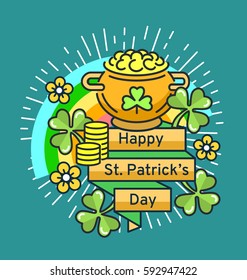 St. Patrick's Day flat line greeting card template. Shamrock, beer, lerprechaun, hat, rainbow, sunburst. Modern minimal outline vector design elements. For poster, flyer, web, banner, brochure