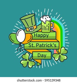 St. Patrick's Day flat line greeting card template. Shamrock, beer, lerprechaun, hat, rainbow, sunburst. Modern minimal outline vector design elements. For poster, flyer, web, banner, brochure