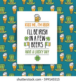 St. Patrick's Day flat line greeting card template with seamless pattern background, shamrock, beer, irish hat. Modern vector design elements. For poster, flyer, web, banner, brochure, gift wrapping