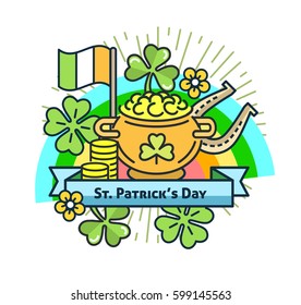 St. Patrick's Day flat line greeting card template. Shamrock, beer, lerprechaun, hat, rainbow, sunburst. Modern minimal outline vector design elements. For poster, flyer, web, banner, brochure