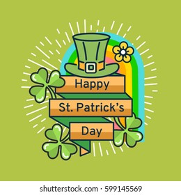 St. Patrick's Day flat line greeting card template. Shamrock, beer, lerprechaun, hat, rainbow, sunburst. Modern minimal outline vector design elements. For poster, flyer, web, banner, brochure