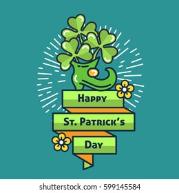St. Patrick's Day flat line greeting card template. Shamrock, beer, lerprechaun, hat, rainbow, sunburst. Modern minimal outline vector design elements. For poster, flyer, web, banner, brochure