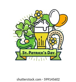 St. Patrick's Day flat line greeting card template. Shamrock, beer, lerprechaun, hat, rainbow, sunburst. Modern minimal outline vector design elements. For poster, flyer, web, banner, brochure