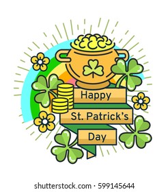 St. Patrick's Day flat line greeting card template. Shamrock, beer, lerprechaun, hat, rainbow, sunburst. Modern minimal outline vector design elements. For poster, flyer, web, banner, brochure