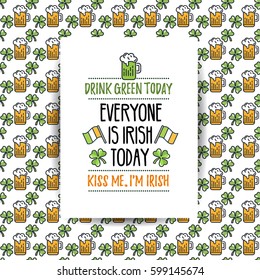 St. Patrick's Day flat line greeting card template with seamless pattern background, shamrock, beer, irish hat. Modern vector design elements. For poster, flyer, web, banner, brochure, gift wrapping