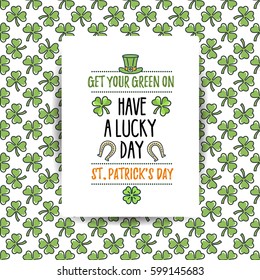 St. Patrick's Day flat line greeting card template with seamless pattern background, shamrock, beer, irish hat. Modern vector design elements. For poster, flyer, web, banner, brochure, gift wrapping