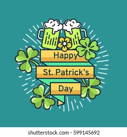 St. Patrick's Day flat line greeting card template. Shamrock, beer, lerprechaun, hat, rainbow, sunburst. Modern minimal outline vector design elements. For poster, flyer, web, banner, brochure