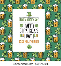 St. Patrick's Day flat line greeting card template with seamless pattern background, shamrock, beer, irish hat. Modern vector design elements. For poster, flyer, web, banner, brochure, gift wrapping