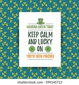 St. Patrick's Day flat line greeting card template with seamless pattern background, shamrock, beer, irish hat. Modern vector design elements. For poster, flyer, web, banner, brochure, gift wrapping