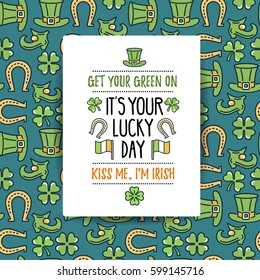 St. Patrick's Day flat line greeting card template with seamless pattern background, shamrock, beer, irish hat. Modern vector design elements. For poster, flyer, web, banner, brochure, gift wrapping