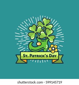 St. Patrick's Day flat line greeting card template. Shamrock, beer, lerprechaun, hat, rainbow, sunburst. Modern minimal outline vector design elements. For poster, flyer, web, banner, brochure