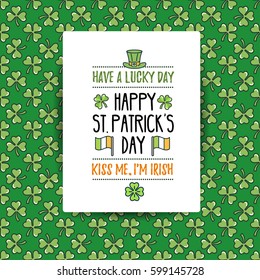 St. Patrick's Day flat line greeting card template with seamless pattern background, shamrock, beer, irish hat. Modern vector design elements. For poster, flyer, web, banner, brochure, gift wrapping