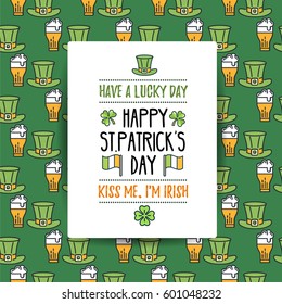 St. Patrick's Day flat line greeting card template with seamless pattern background, shamrock, beer, irish hat. Modern vector design elements. For poster, flyer, web, banner, brochure, gift wrapping