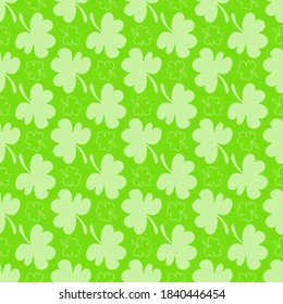 St. Patrick's day flat seamless pattern background with clover leaves, gift wrapping paper design, vector