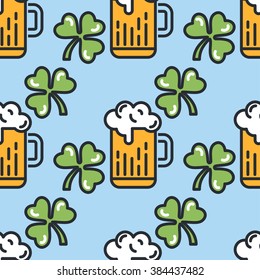 St. Patrick's day flat thin line icon seamless pattern. St. Patrick's day gift wrapping seamless. Minimal outline shamrock, beer, vector wallpaper texture. Modern vector art background